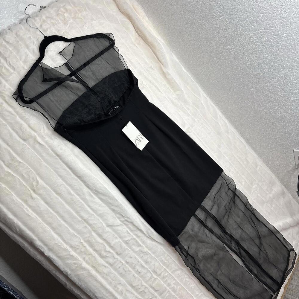 Zara Black Contrast Semi-Sheer Tulle MIDI Maxi Dress S NWT - Picture 5 of 6